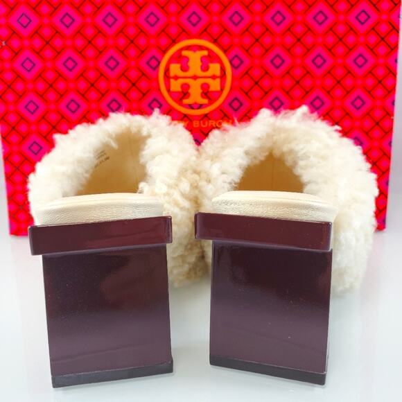NWT$398 Tory Burch Block T 80mm Heel Shearling Heeled Mules Sandals Shoe Sz 5 - Picture 9 of 15